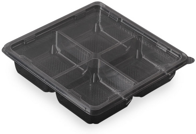 정사각 반찬 샐러드 4칸 일회용 도시락 DS-405 검정 세트, 1개, 200개