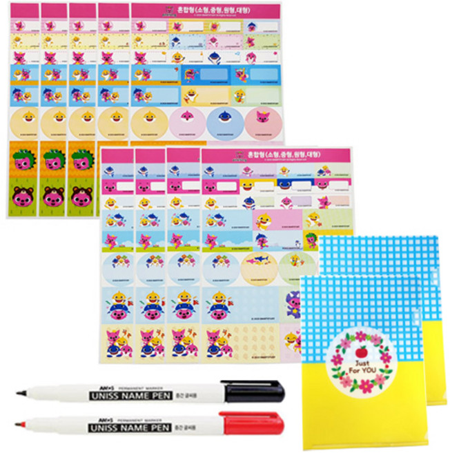 방수라벨 네임스티커 핑크퐁 혼합형 랜덤 발송 9p + 네임펜 검정 + 빨강 + 홀더 2p 세트, 혼합 색상, 1세트