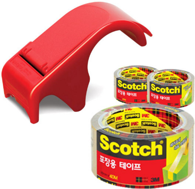 스카치 포장용 박스 테이프 디스펜서 DP-300RD + 투명 포장용 테이프 3650 48mm × 40m 3개, 혼합 색상, 1세트