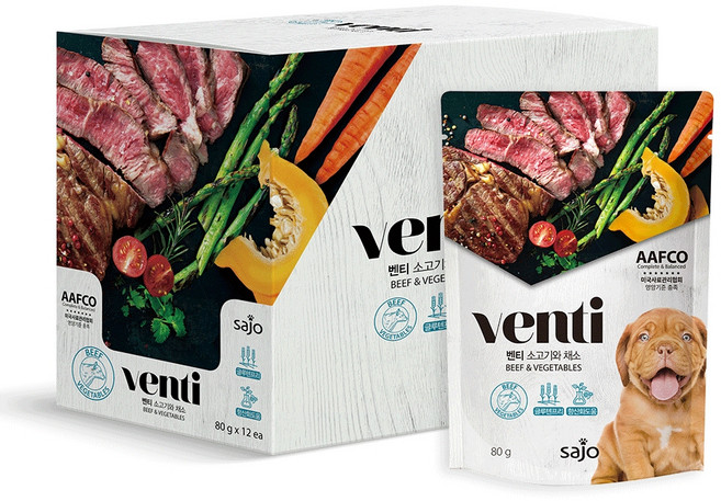 사조벤티 파우치 강아지 습식 간식, 혼합맛(소고기/채소), 80g, 12개