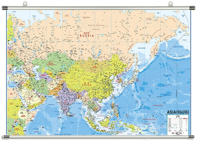 지도닷컴 족자형 아시아 지도 소 110 x 78 cm + 족자 걸이 + 세계지도 세트, 1세트