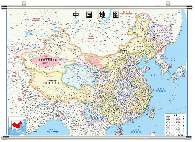 지도닷컴 족자형 한중판 중국 지도 중 150 x 110 cm + 족자 걸이 + 세계지도 세트, 1세트