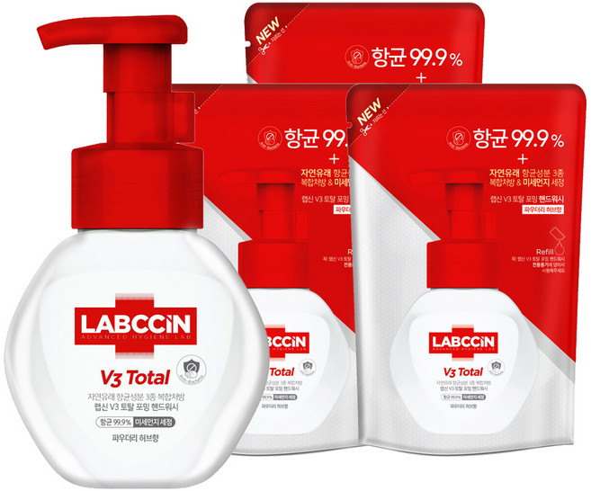 랩신 V3 토탈 핸드워시 파우더리 허브향 본품 250ml + 리필 200ml x 3p 세트, 1개