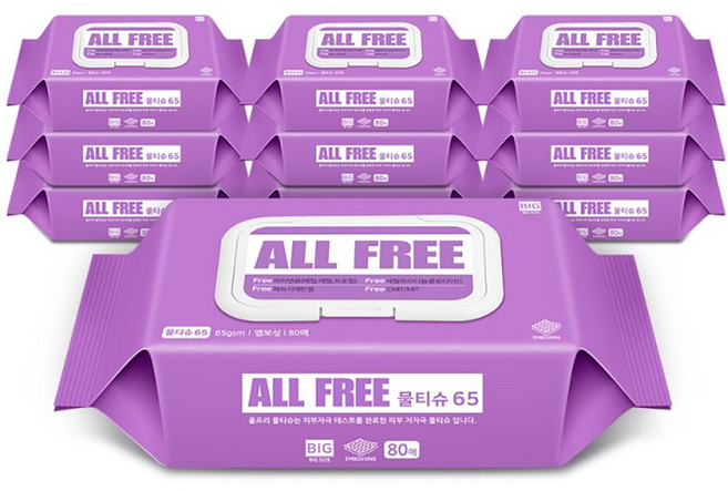 올프리 물티슈65 대용량 캡형, 80매, 10개