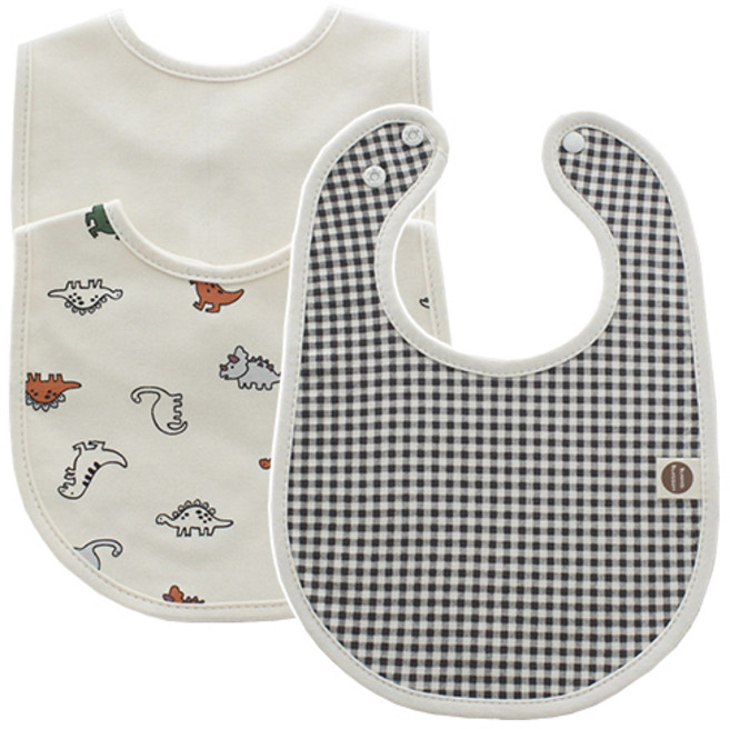 印花圍兜3件組, 黑色格紋, 1組