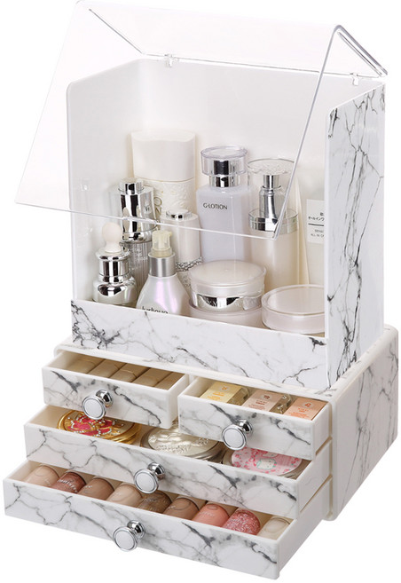 헬로리빙 마블패턴 3단 4구 화장품 정리 서랍 + 커버형 뚜껑 콤보 정리함 세트, 1세트