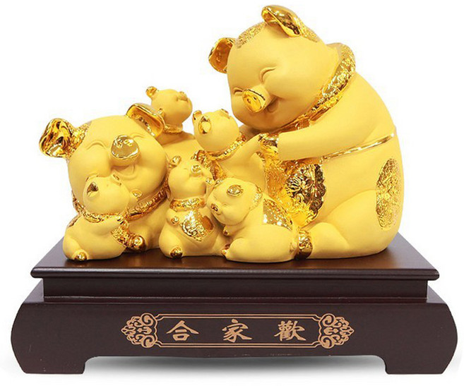 SARAKO 黃金福豬7口之家雕像, 金色