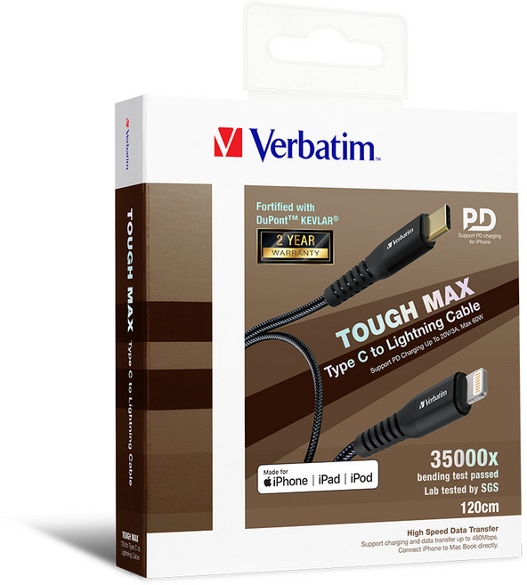 버바팀 케블라 타입 C to 라이트닝 케이블 120cm, 블랙, 1개