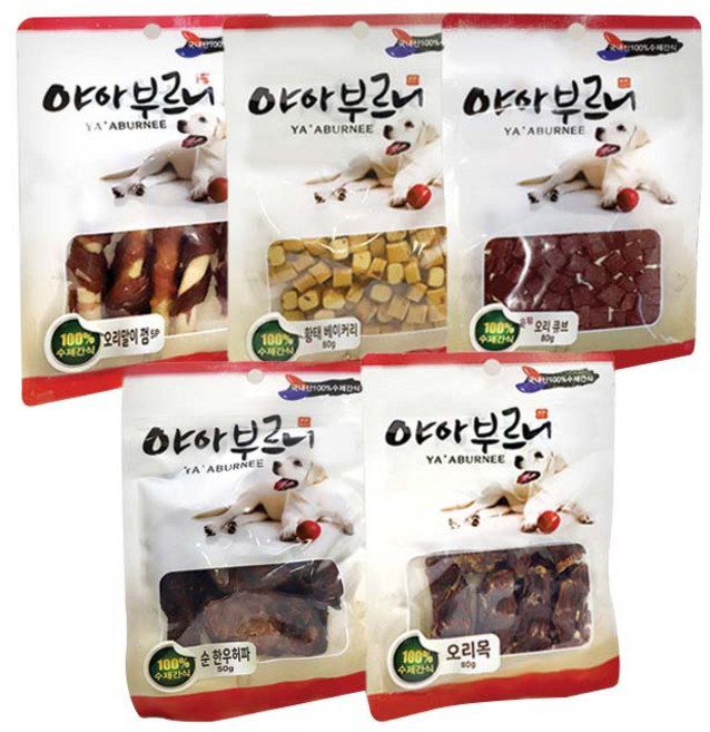 야아부르니 강아지 수제간식 B세트, 순한우허파, 황태베이커리, 오리말이껌, 유황오리큐브, 오리목뼈, 80g, 1세트