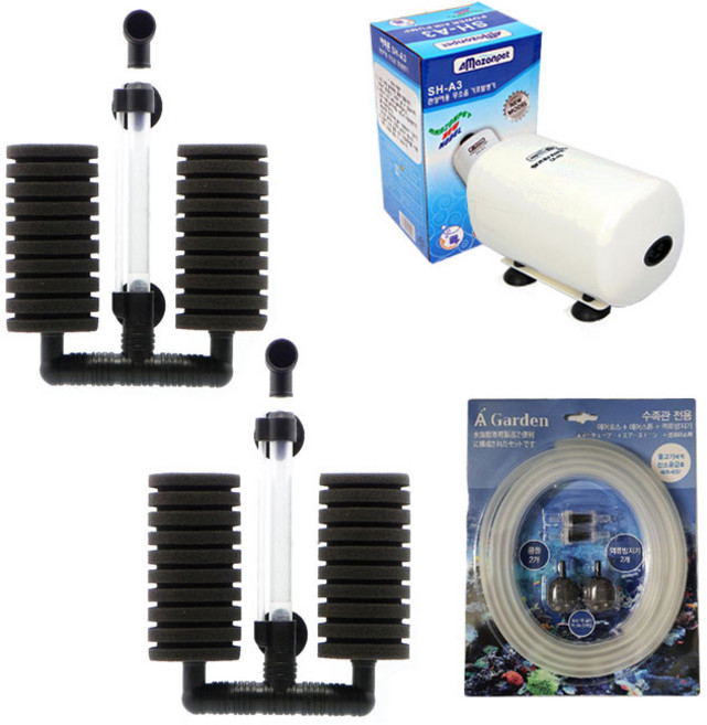 아마존 2구 산소발생기 대형 어항용 45~60cm + 역류방지기 2p + 에어호스 2p + 콩돌 2p 세트 SH-A3, 2.5W, 1세트