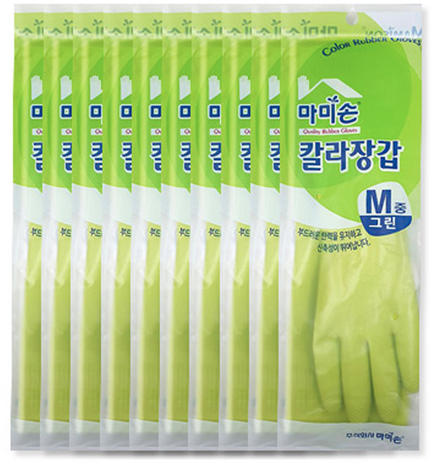 마미손 칼라 고무장갑 M, 그린, 중(M), 10개