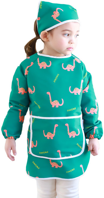 베베슈에뜨 면 느낌 긴팔 방수 미술 가운 + 두건 세트, 쥬라기(그린)