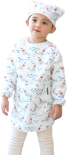 베베슈에뜨 면 느낌 긴팔 방수 미술 가운 + 두건 세트, 언더더씨(아이보리)