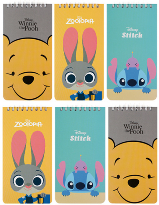 디즈니 캐릭터 기자수첩 3종 x 2p 세트, 주토피아 + 스티치 + 푸, 1세트