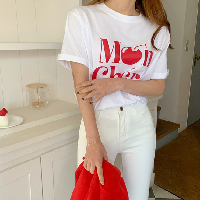 온더리버 여성용 체리 레터링 반팔 티셔츠