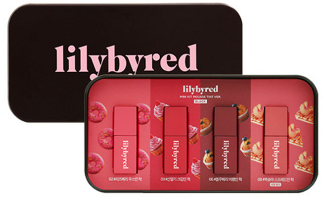 릴리바이레드 로맨틱 무스 립틴트 미니 1.5g x 4종 + 틴케이스 세트, 라즈베리무스인척, 산딸기크림인척, 블루베리머랭인척, 복숭아스프레드인척, 1세트