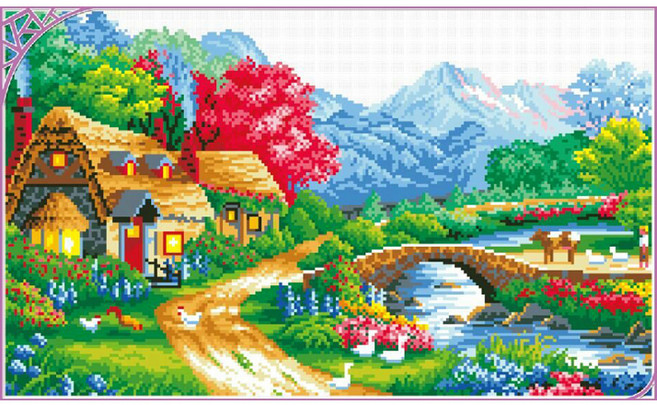 JoyJasu 11CT 十字繡印花套組 130001 A Beautiful Village, 1套, 混合色