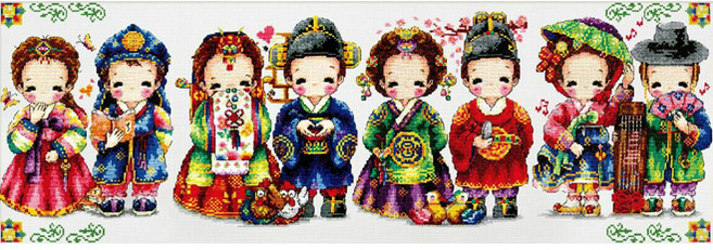 조이십자수 11카운트 십자수 프린트 패키지 세트 80601 korean children in formal costume, 1세트, 혼합색상