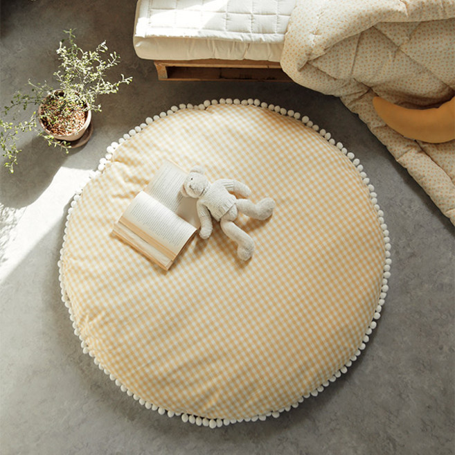 데코뷰 옐로우폼폼 아이방 대방석 원형러그, 은은한 옐로우 + 백아이보리