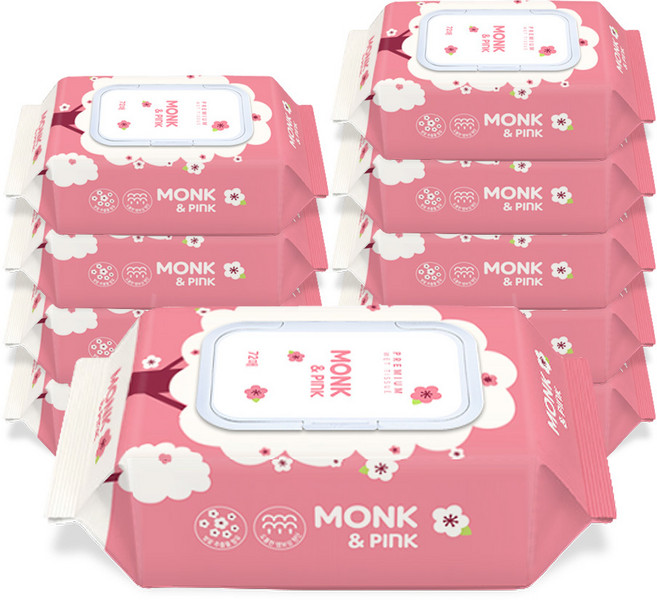 몽크앤핑크 유아 물티슈 캡형, 70g, 72매, 10개