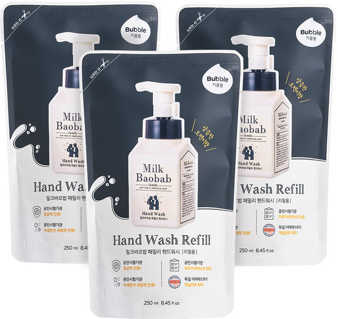 밀크바오밥 패밀리 핸드워시 리필용, 상큼한오렌지향, 250ml, 3개