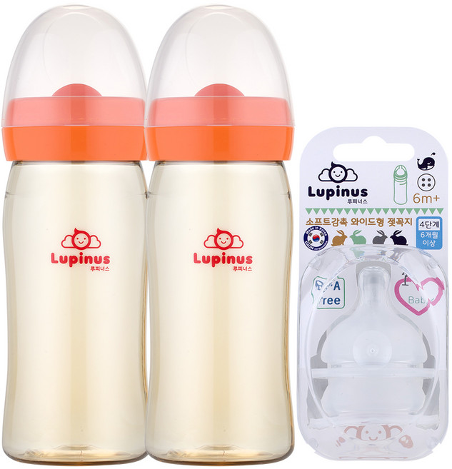 루피너스 PPSU 젖병 240ml 2p + 젖꼭지 2p 세트, 4단계(6개월이상), 1개, 오렌지