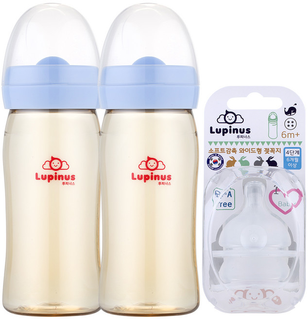 루피너스 PPSU 젖병 240ml 2p + 젖꼭지 2p, 4단계, 1개, 블루
