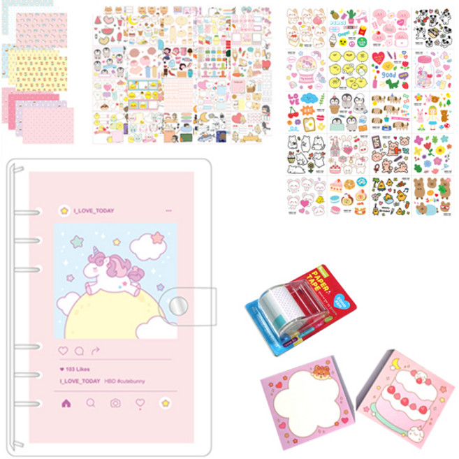 크리스탈팬시 35000 다이어리 꾸미기 인스 36p + 인스모조지 72p + 랩핑지 4종 10p + 떡메모지 2p + 6공다이어리 + 디자인테이프, 랜덤발송, 1세트