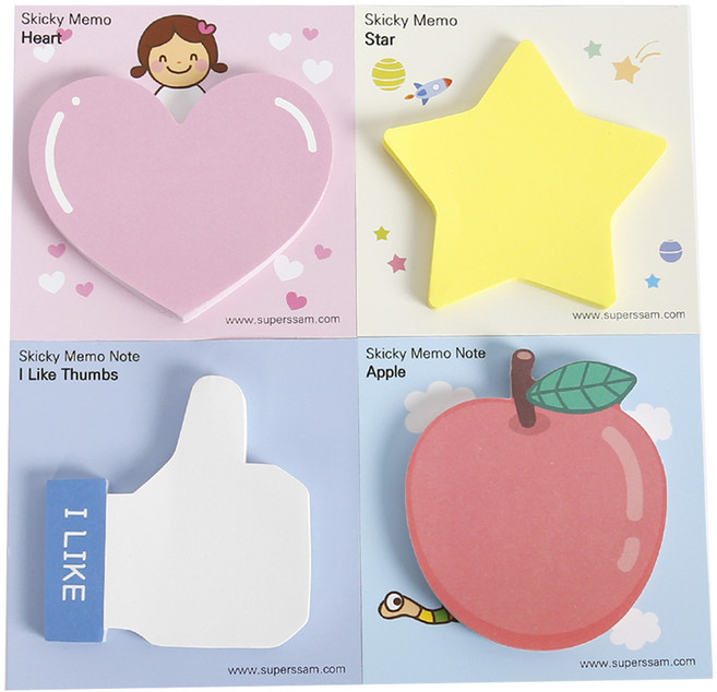 슈퍼쌤 모양 4종 점착메모지, 핑크하트 + 형광별 + 좋아요엄지척 + 사과, 4개입, 1세트