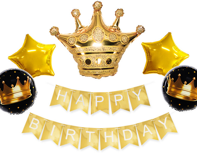 왕관 부케 은박풍선 + 생일파티가랜드 세트, 유광골드, 1세트