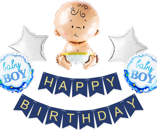 웰컴베이비 부케 은박풍선+생일파티가랜드 세트, 보이 네이비골드, 1세트