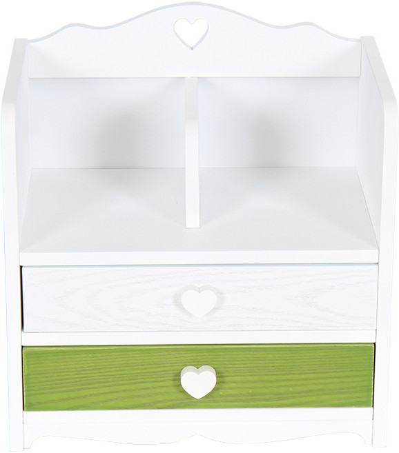 우드 하트 책꽂이 책상 정리 서랍 2단 그린 + 화이트, 1개