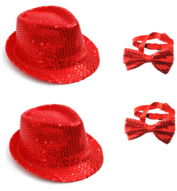 PARTYSHOW 亮片紳士帽 2入 + 小蝴蝶領結 2入, 1套, 紅色