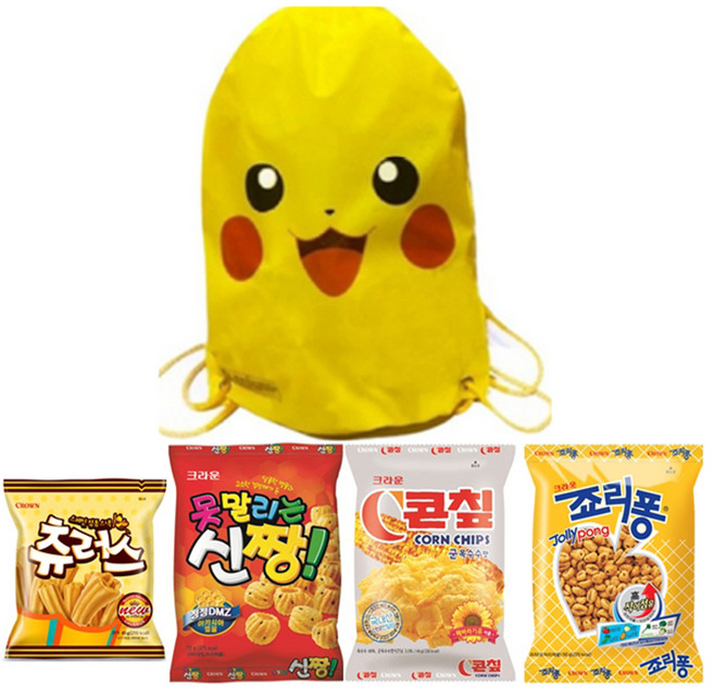 크라운 피카츄 스낵 4종 선물세트 207g, 츄러스 + 못말리는 신짱 + 콘칩 + 죠리퐁 + 피카츄 가방, 6세트