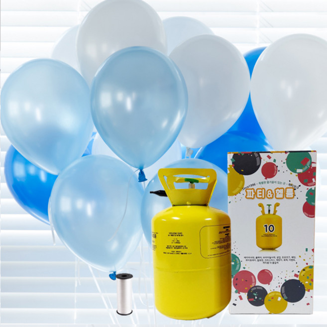 파티친구 고순도 헬륨가스 10개용 + 펄풍선 25cm 12p + 컬링리본 세트, 블루혼합(풍선), 화이트(리본), 1세트