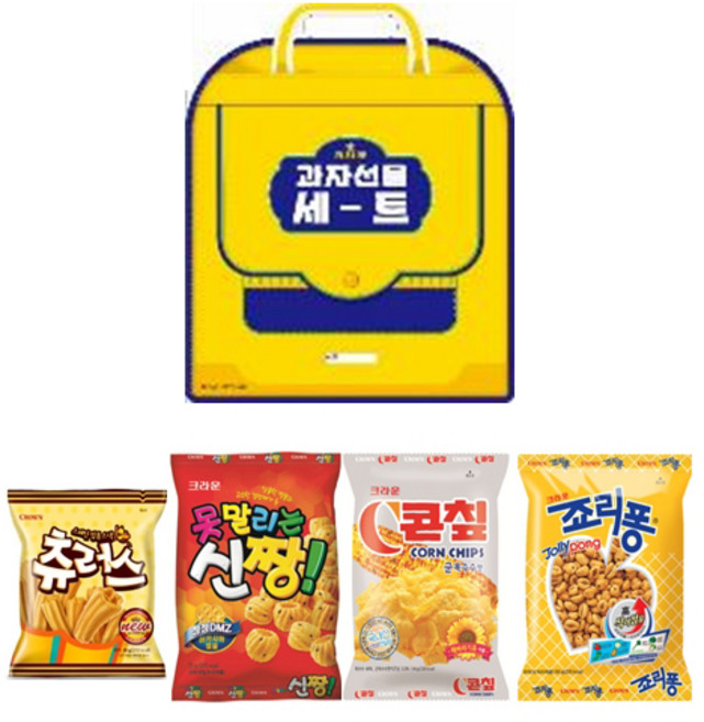 크라운제과 추억의 주머니 옐로 과자세트, 크라운츄러스 + 크라운C콘칩 + 못말리는 신짱 + 죠리퐁, 1세트