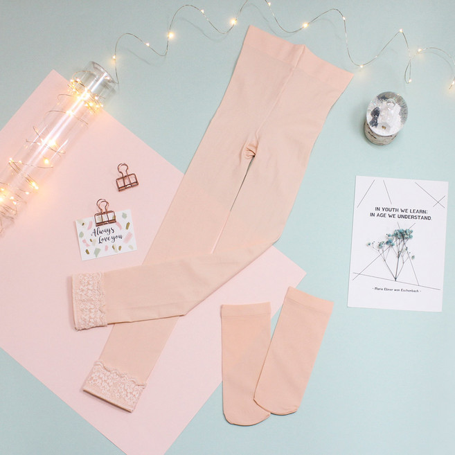 드레스하우스 비단길 아동용 바닐라 무발 레이스 발레스타킹 + 발레양말 세트