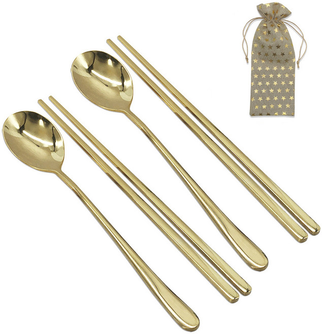 미르코리아 컬러티타늄 한식 수저 세트, 골드, 숟가락 2p + 젓가락 2p + 린넨주머니, 1세트