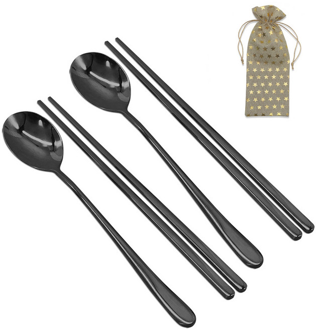 컬러티타늄 한식 수저 세트, 블랙, 숟가락 2p + 젓가락 2p + 린넨주머니, 1세트