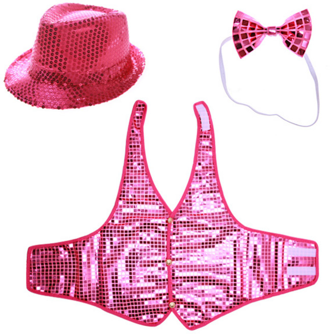 LivingDA 亮片帽 + 亮片背心 S + 蝴蝶領結套組, 1組, 粉紅色