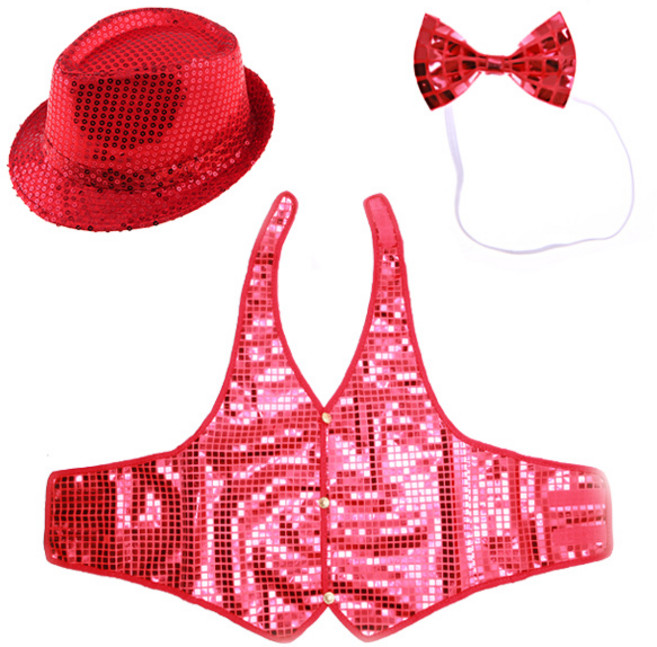 LivingDA 亮片帽 + 亮片背心 S + 蝴蝶領結3件組, 紅色, 1組