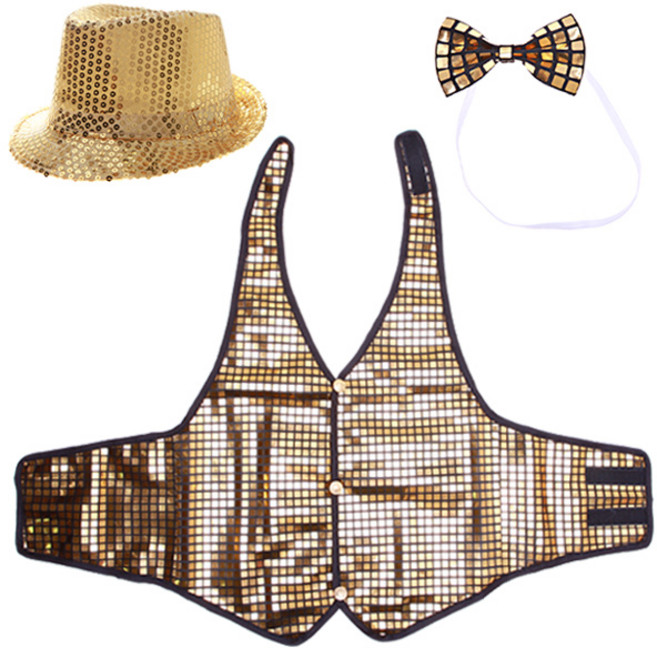 LivingDA 亮片帽 + 亮片背心 XL + 蝴蝶領結組合, 金色, 1組
