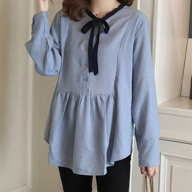 아리코 임부 스트라이프 리본 블라우스