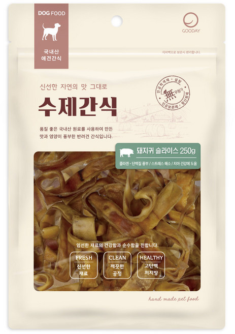 굿데이 강아지 수제간식, 돼지귀 슬라이스, 250g, 1개
