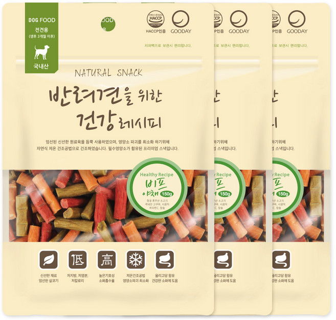 굿데이 반려견을 위한 건강레시피 져키, 혼합맛(비프/야채), 150g, 3개