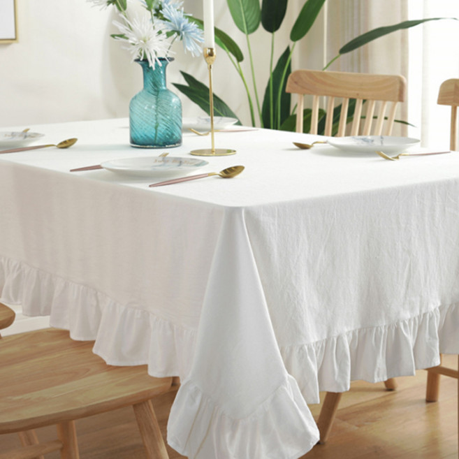 마켓피오 스타일 프릴 린넨 식탁보, 화이트, 140 x 200 cm