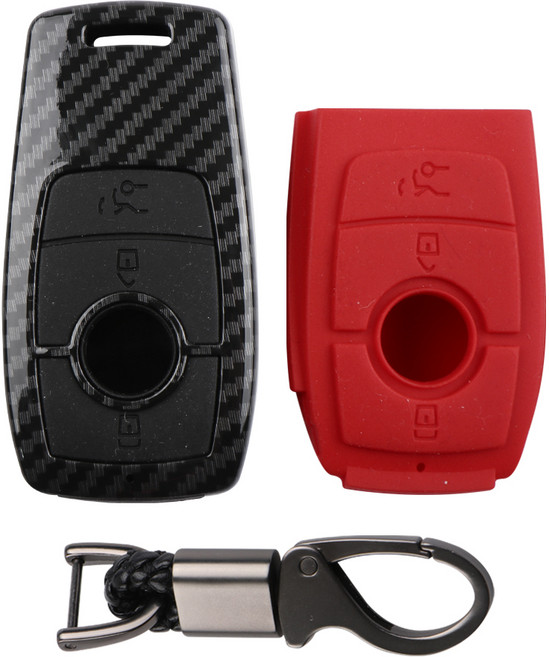 카템 카본 키케이스 + 실리콘 키케이스 2종 + 키링 + 드라이버 세트, 블랙 + 레드, 벤츠 B타입