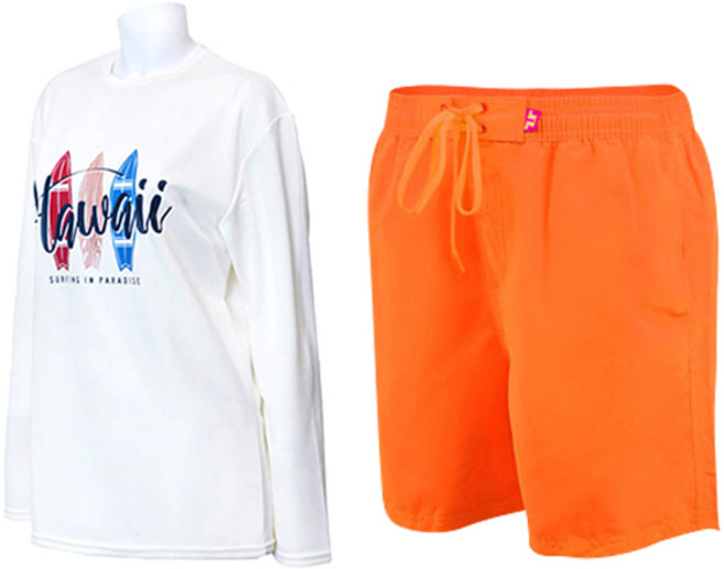 벤디스 남성용 하와이 긴팔 래쉬가드 상의 C264 + 단색 비치팬츠 A105 세트