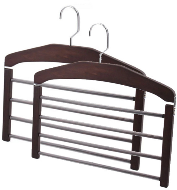 마켓피오 고급 우드 4단 바지걸이, 진한갈색, 2개