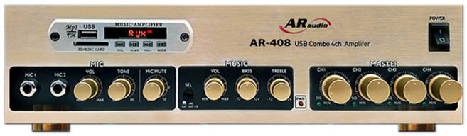 ARAUDIO 4채널 200W 매장용 USB 앰프 + AUX 연결선, AR-408